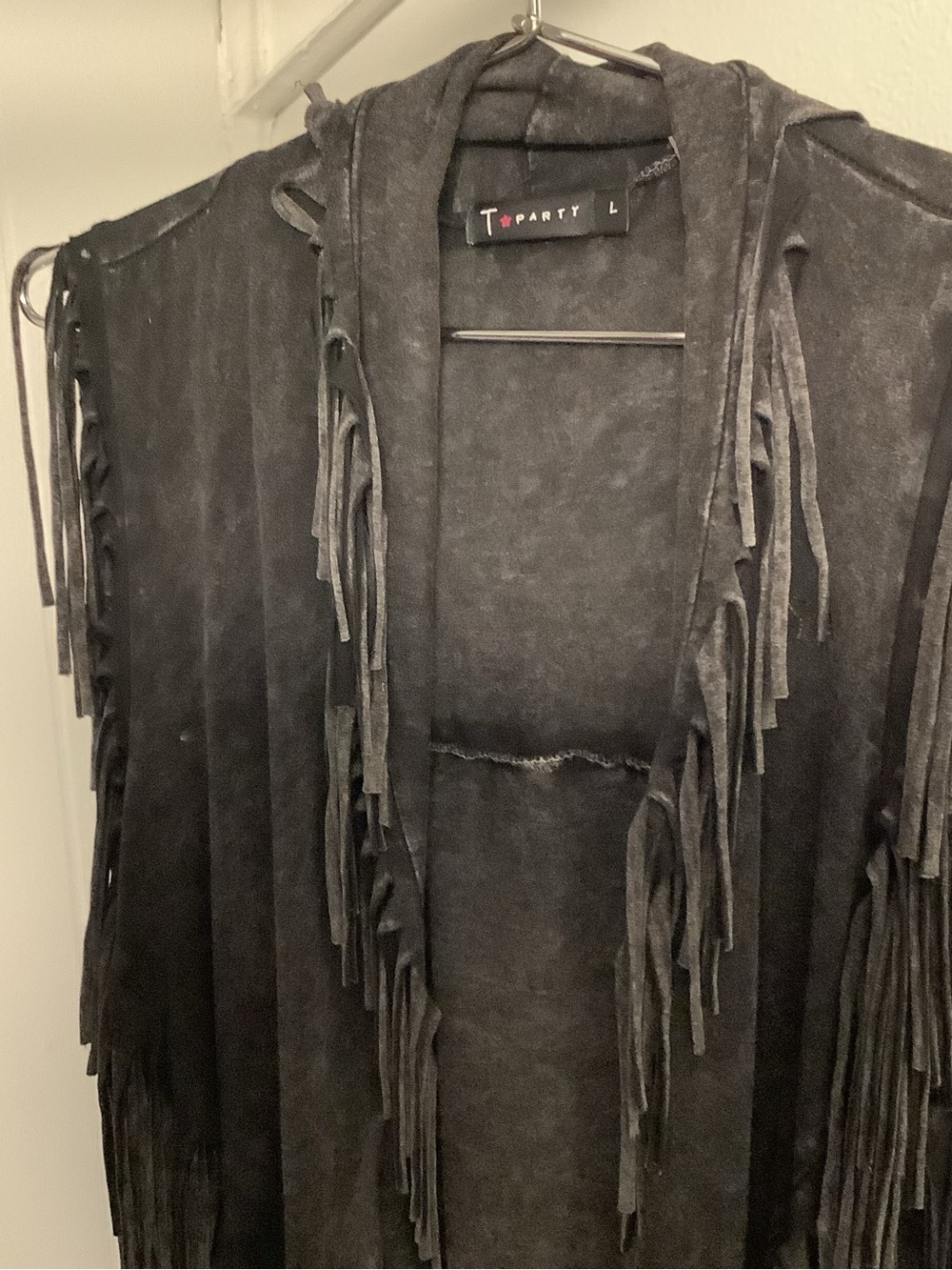 T Party Fringed Open Front Cardigan Vest SZ XL Black Acid Wash Western Boho